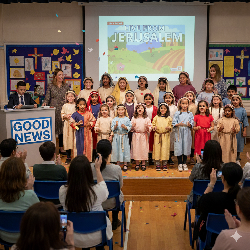 Primary school Easter story musical performance with children singing Good News in 2025.